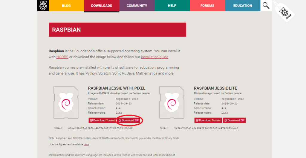 Raspbianのダウンロードページ